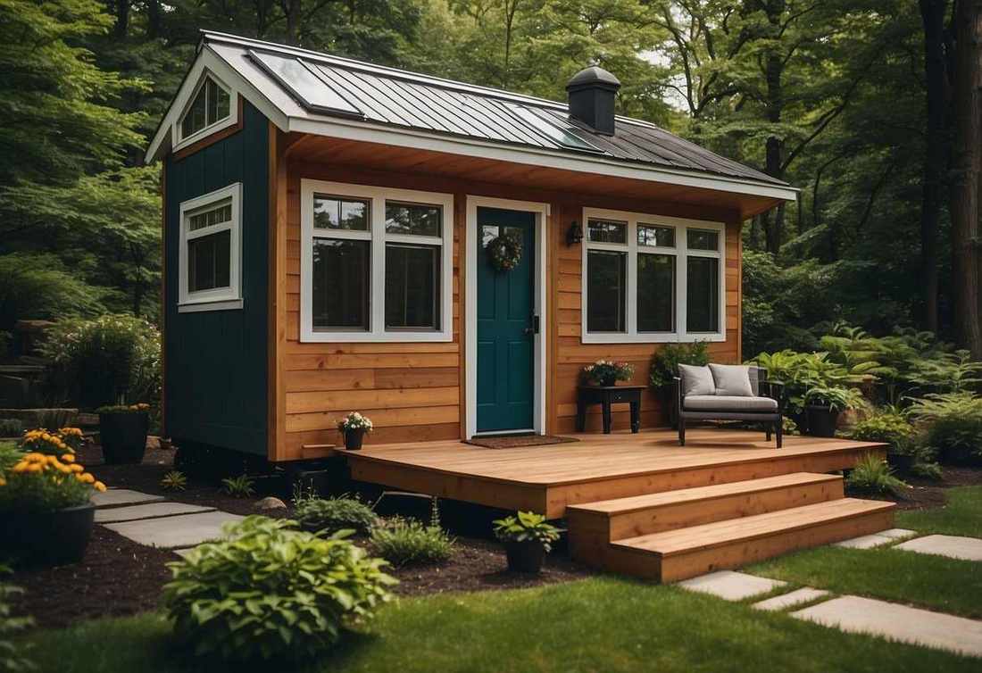 Small detached backyard cottage with wooden siding and a deck